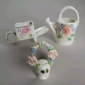 Miniature Porcelain Watering Can Wheelbarrow Basket Occupied Japan - Picture 1 of 7