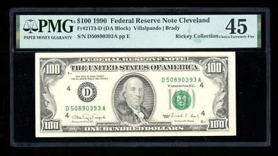 DBR 1990 $100 FRN Cleveland Fr. 2173-D PMG 45 Serial D50890393A - Image 1 of 2