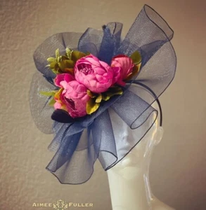 Royal Ascot Hat Fascinator Kentucky Derby Hat Navy Blue Green Hot Pink Flowers - Picture 1 of 24