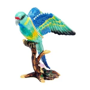 RING NECK PARROT Enamelled Jewelled Trinket Box Figurine Collectable - Picture 1 of 3
