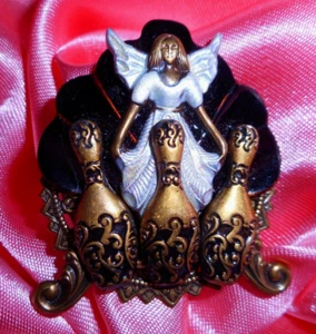 Bowling Angel Brooch Pin Black Enamel Gold Silver Tone 1.5" x 1.75" w/ Gift Box - Picture 1 of 3