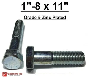 1"-8 x 11" Hex Bolt Zinc Plated Grade 5 Cap Screw Coarse Partial Thread - Picture 1 of 8