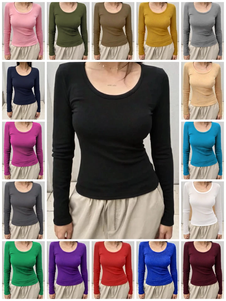 WOMENS LADIES LONG SLEEVE STRETCH PLAIN SCOOP NECK T SHIRT TOP ASSORTED 8-26 - Image 1 of 2