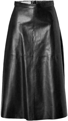 Women's Genuine Lambskin Real Leather Skirt Black A-Line Knee Length Soft Skirt - Image 1 of 4