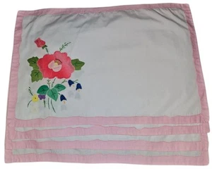 Set of 4 Placemats and Napkins Floral Embroidered with Pink Border Vintage EUC - Picture 1 of 4