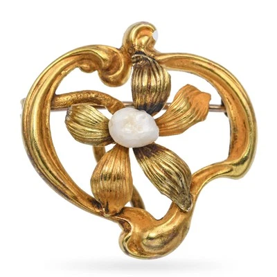 Antiguo Broche Colgante Floral Oro Amarillo 14k y Perla Semilla Foto 1 de 4