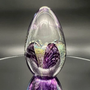 Glass Eye Studio Art Glass Egg Paperweight In Purple Gold Dichroic Iridescent - Picture 1 of 15
