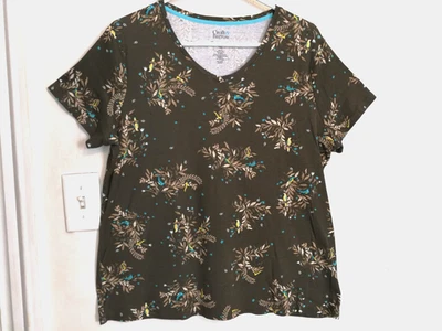Croft & Barrow Womens Blouse XXL Floral Birds Green Classic Tee Top Short Sleeve - Image 1 of 4
