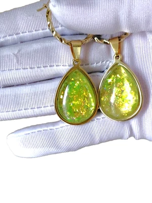 Opal Earrings: Resin Citrine Teardrop Opals on 18-Karat GP Stainless-Steel Hoops - Image 1 of 4