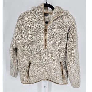 Eddie Bauer Womens Sz M 1/2 Zip Fleece Hooded Jacket Beige Pullover - Picture 1 of 4