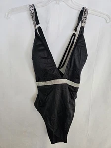 Victorias Secret Black One Piece Swimsuit Size Large Rhinestone Logo Straps - Picture 1 of 4