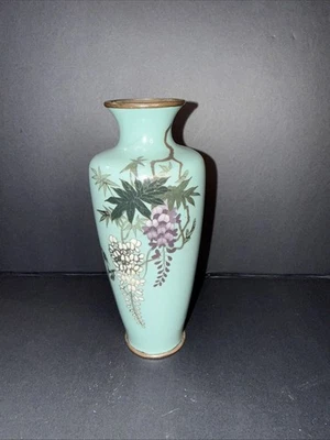 日本古董Cloisonne珐琅花瓶带紫藤 — 第 1/4 张图片