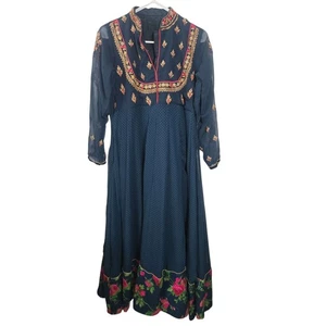 Embroidered Floral Print Maxi Dress SIZE SMALL Teal Blue Polka Dot Formal Gown - Picture 1 of 11