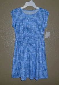 So Roll Cuff Tie Waist Dress GIRLS MEDIUM -10 BLUE WHITE STRIPES & HEARTS NWT - Picture 1 of 12