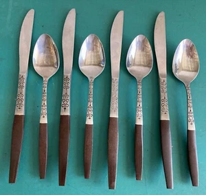 Interpur Stainles Japan 4 Teaspoons 4 Knives Brown Synthetic Handle Heart Design - Picture 1 of 10