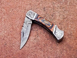 Coltello tascabile pieghevole in acciaio damascato forgiato fatto a mano personalizzato, coltello tascabile, 786 - Foto 1 di 11
