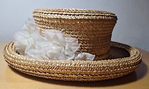 Vtg Eric Javits Straw Hat White Silk Flowers Rolled Brim Blocked/Trimmed By Hand