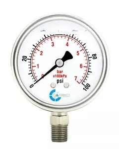 2" Pressure Gauge, Stainless Steel Case, Liquid Filled, Lower Mnt, 100 PSI - Picture 1 of 4