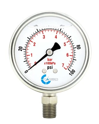 2" Pressure Gauge, Stainless Steel Case, Liquid Filled, Lower Mnt, 100 PSI - Image 1 of 4