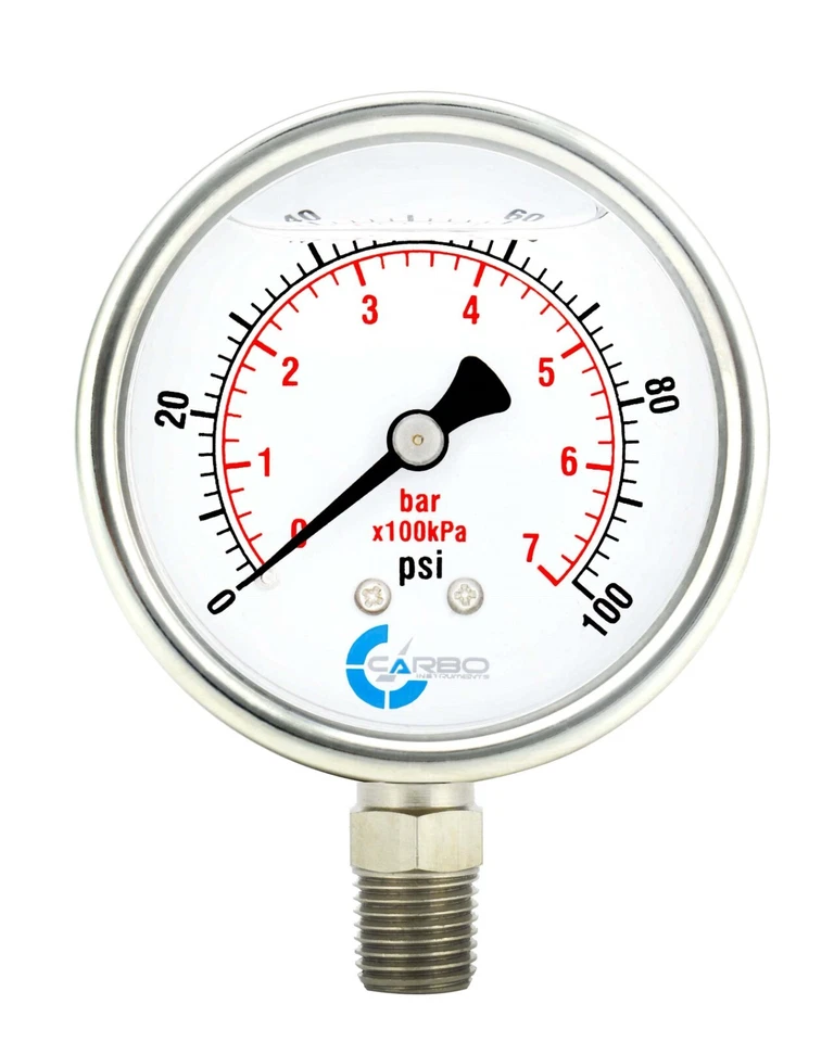 2" Pressure Gauge, Stainless Steel Case, Liquid Filled, Lower Mnt, 100 PSI - Image 1 of 4