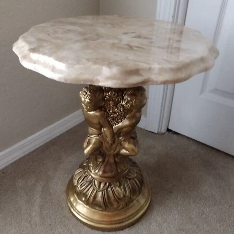 Art Deco Cultured Marble Table - Pedestal Cherub Angel Base Plant Stand Cover