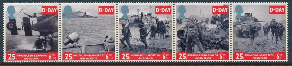 1994 GB SEGUNDA GUERRA MUNDIAL DÍA D 50 aniversario tira de 5 fina como nueva MNH SG1824-SG1828 Foto 1 de 1