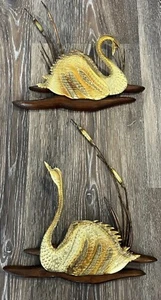 2er Set Vintage Schwan Gold Messing Metall Dose Holz Wandbehang Kunst Plakette 70er MCM - Bild 1 von 9