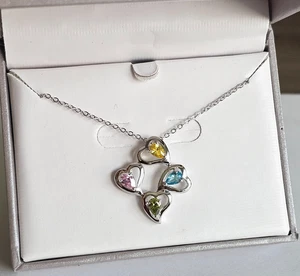 Four Hearts Clover Teardrop Cubic Zirconia Pendant Necklace Silver tone Gift Box - Picture 1 of 8