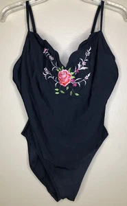 Newport News Black Floral Bathing Suit 14 Padded Underwire Cups Spaghetti Straps - Picture 1 of 10