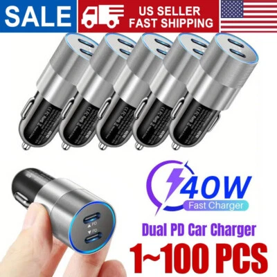 40W Dual USB Type-C Fast Car Charger Adapter For iPhone iPad Android Samsung LOT - Image 1 of 4