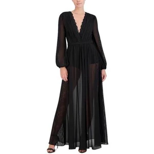 BCBGMAXAZRIA Womens Black Full Length Sheer Lace Trim Maxi Dress 6 BHFO 3716 - Picture 1 of 1