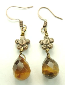 Tigerauge Briolette Ohrringe mit Bronze Blumen Chic Handarbeit Schmuck - Bild 1 von 1