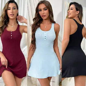 Women's Summer Ribbed Tank Dress Scoop Neck Fit Sleeveless Bodycon Mini Dresses - Picture 1 of 40