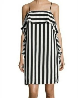 Nicole Miller New York Black/Ivory Striped Spaghetti Straps Ruffle Shift Dress 4 - Image 1 of 4