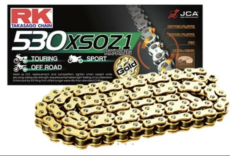 Corrente de anel RK 530 XSOZ1 Series RX-Seal 112 ouro touring motocicleta off road - Imagem 1 de 1