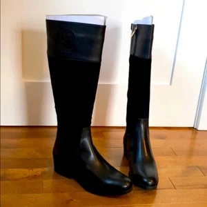 Taryn Rose Greir Boots Knee High Zip Black Leather Suede Low Heel zipper sz 9.5 - Picture 1 of 7