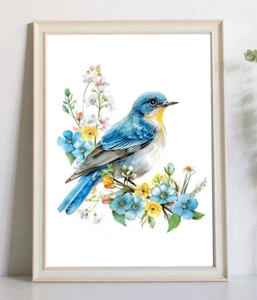 Beautiful Bird Art Print, Yellow and Blue Bird and Flowers Wall Decor, Nature - Bild 1 von 2
