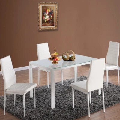 Stylish Dining Table 4/6Chairs Set Glass Top Leather Seat Kitchen Room Furniture - Image 1 of 4