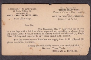 1884 AD Postkarte Liebman & Butler NY Oliven- und Lebertranöl weiß Kastilien - Bild 1 von 2