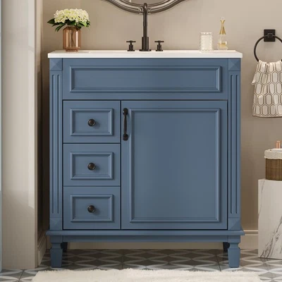 Tocador de baño de 30" con fregadero de cerámica, moderno armario de almacenamiento con cajones y estante Foto 1 de 4