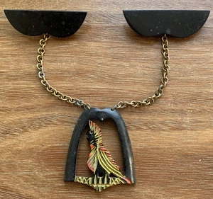 Antique Cloak Closure Double Chain Brooch ART DECO carved Exotic Bird Parrot Pin - Picture 1 of 5