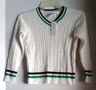 Janie and Jack Boy Pullover Sweater Sz 6 with green and navy stripes v-neck  - Image 1 of 4