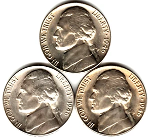 1946P, D, S Jefferson nickels in BU CONDITION ~ FULL STEPS ~ 3 COINS stk bu75 - Imagen 1 de 4