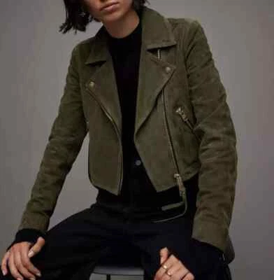 Chaqueta de cuero de gamuza genuina verde puro suave motociclista informal elegante hecha a mano para mujer Foto 1 de 4