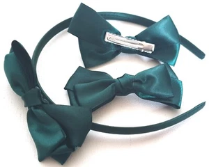 NEW Back To School Green School Set Satin Fabric Bow Hair Clips Aliceband - Picture 1 of 3