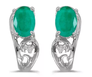 10k White Gold Oval Emerald And Diamond Earrings - Picture 1 of 2