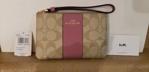 NWT Coach Signature Corner Zip Wristlet, Light Khaki & Rose - Picture 1 of 6