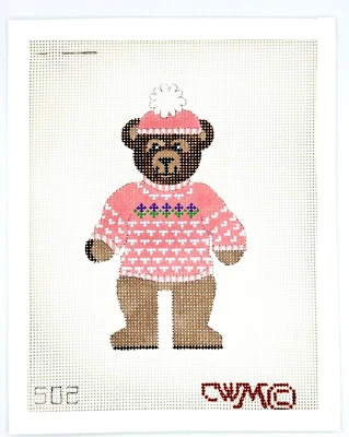 Hand Painted Needlepoint Canvas TEDDY BEAR in Pink Sweater #502 by CWM - Image 1 of 3