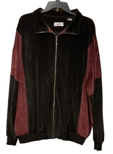 Vintage 90s Norm Thompson Men's XXL Track Jacket Velour Colorblock Maroon Black - Picture 1 of 7