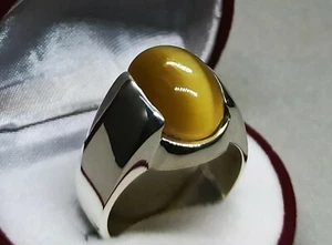 Natural Deep Yellow Cats Eye Quartz Sterling Silver 925 Handmade Mens Plain Ring - Picture 1 of 12